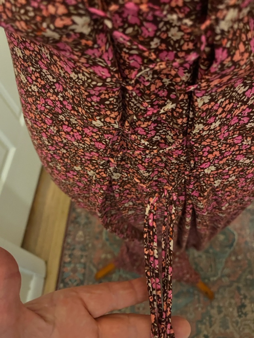 Lucky Brand Pink and Brown Floral V-Neck Dress with laces in back to adjust. - Picture 5 of 6